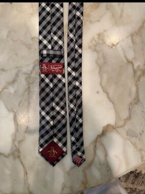 Original Penguin Black and White Plaid Slim Tie